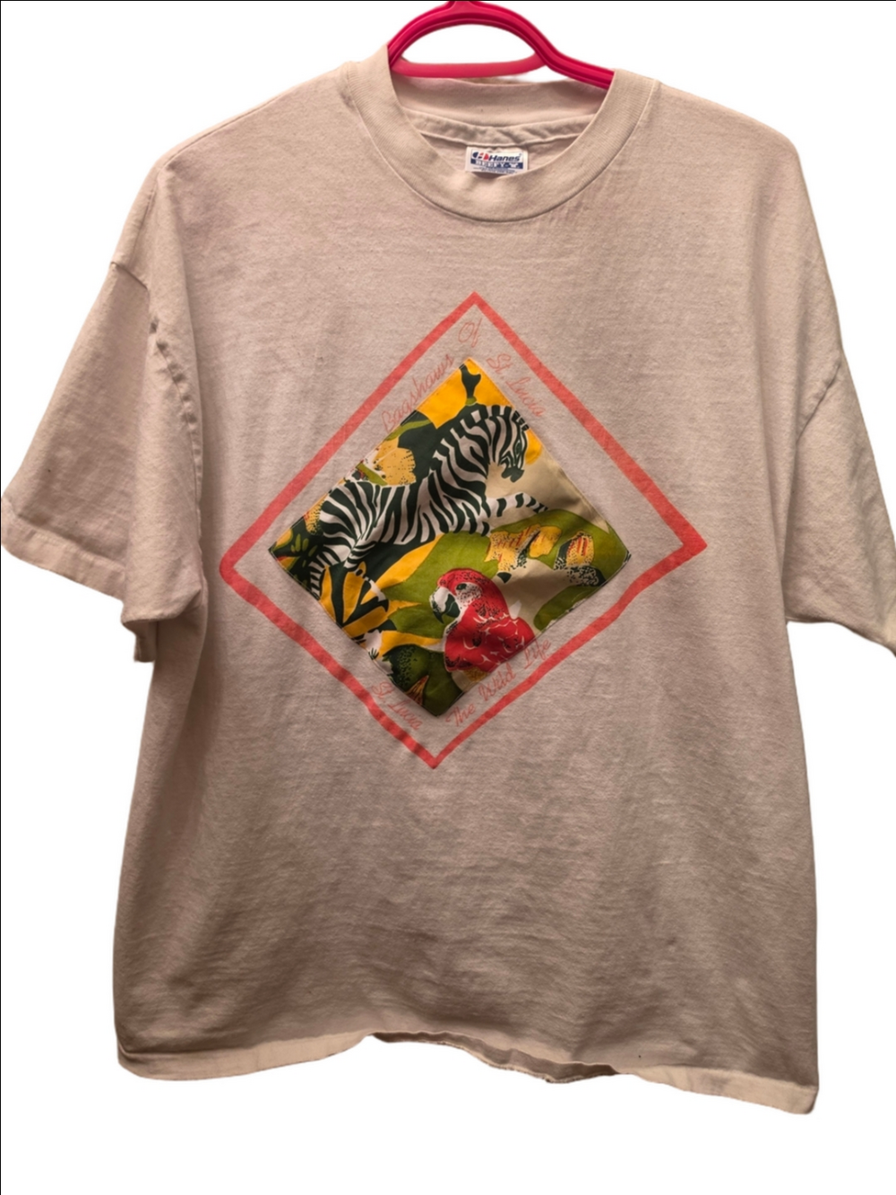 Vintage 90s Hanes Zebra Parrot Safari Graphic T-Shirt XL Single Stitch USA